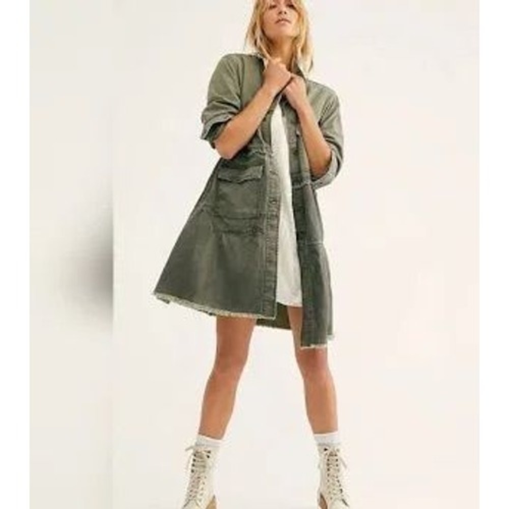 Free People Forever Free Tiered Military Jacket Green Cotton Utility Small